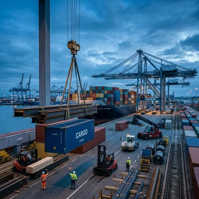 International shipping port with construction materials export logistics supply chain